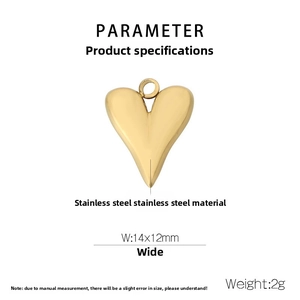 Detailed specs of a 14x12mm stainless steel heart pendant with gold finish and weight info
