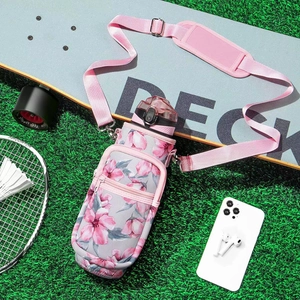 Floral SBR insulated water bottle pouch with pink strap and front zipper pocket detail