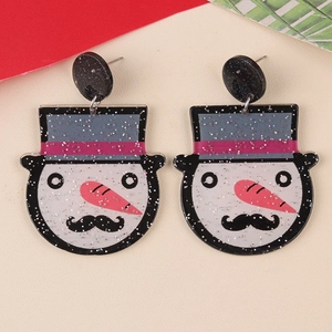 Detailed macro shot of acrylic snowman earrings with festive glitter and metal studs