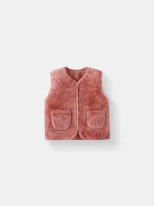 Gilet in peluche rosa per bambini con scollo a V e tasche per autunno e inverno