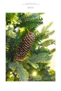 Macro shot of natural pine cone on artificial Christmas tree with warm LED string lights