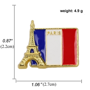 Detailed size specifications of the Eiffel Tower and French flag enamel brooch