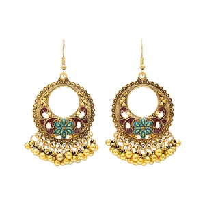 Vintage gold ethnic hollow floral geometric earrings with turquoise enamel and beads