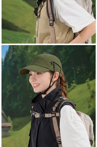 Close-up of army green sun hat with adjustable windproof cord for outdoor hiking