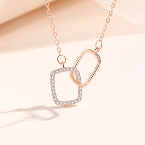 S925 sterling silver geometric interlocking square pendant necklace in rose gold finish