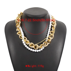 Detail showing layered gold chain and pearl necklace with length and weight measurements