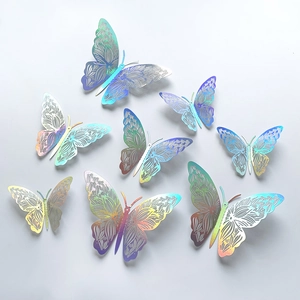 Detail of 3D iridescent butterfly wall stickers with intricate hollow patterns