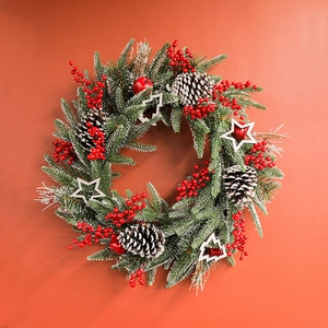 Christmas Wreath Artificial Pine Needle Natural Pine Cones Red Berries Snow Flocked Front Door Festive Wall Hanging Decoration