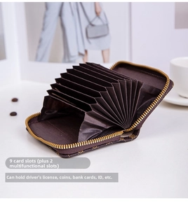 Detailed macro view of brown patterned accordion card holder with eleven internal slots