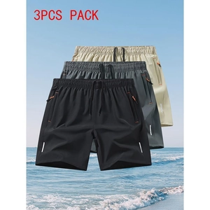 Three-pack of men's quick-dry athletic shorts in black, dark grey, and khaki colors