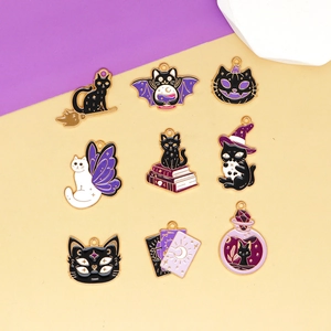 Set of 9 Halloween black cat enamel charms featuring pumpkins and magic witch themes