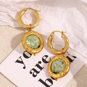 French style 18K gold plated stainless steel drop earrings with green textured stones