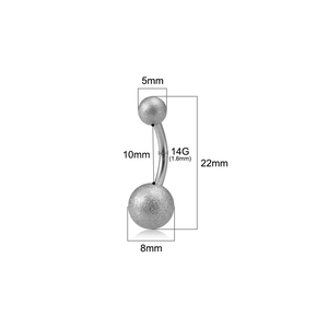 Detailed size chart for matte silver belly button ring with 5mm and 8mm ball dimensions