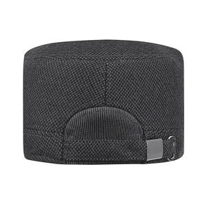 Men's winter flat top cap in black textured fabric with adjustable metal back buckle