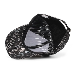 Detail view of the black baseball cap interior with 100% polyester label and adjustable strap