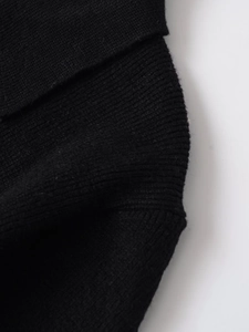 Detailansicht der schwarzen Strickjacke mit Fokus auf das Rippenmuster und Gewebe