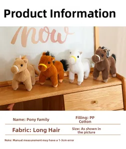 Detail of four colorful plush horses on wooden desk with long fur texture and PP cotton
