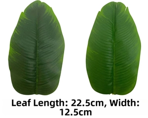 Detailed view of artificial tropical banana leaf texture and 22.5cm size dimensions