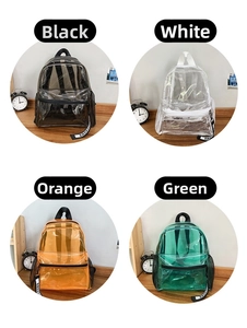 Detail of four transparent PVC backpacks in black, white, orange, and green colors