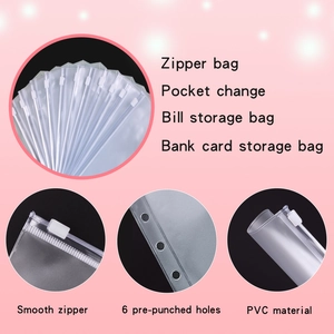Detailed view of clear PVC 6-hole binder zipper pockets for A6 marble leather notebooks