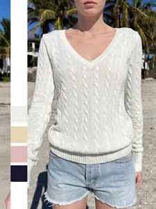 Women V Neck Cable Knit Sweater Long Sleeve Viscose Blend Casual Loose Fit Pullover Ribbed Trim Soft Warm Jumper