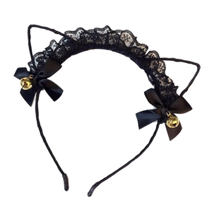 Cute black lace cat ear headband with ribbon bows and golden bells for cosplay