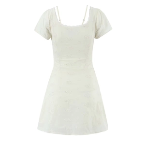 White puff sleeve mini dress with lace trim and hollow floral embroidery for women