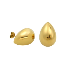 Detail of gold teardrop earrings with smooth metallic finish and secure butterfly backs