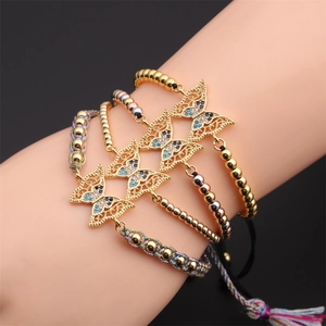 Adjustable Butterfly Bracelet Copper With Colorful Cubic Zirconia Braided Rope Elegant Jewelry For Women Gold Plated
