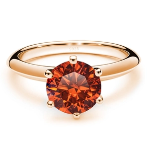 Classic six-prong S925 silver ring with a large round faceted orange-red moissanite stone