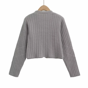 Gray long sleeve knitted cardigan sweater with vertical ribbed texture on white background