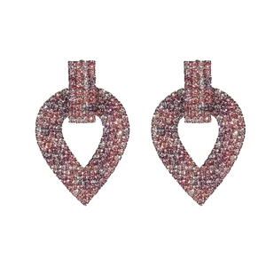 Luxury long tassel heart earrings with rose pink rhinestones on a clean white background