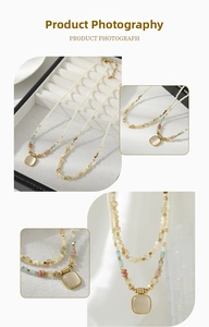 Detail of colorful beaded necklace featuring a square yellow gemstone pendant and golden accents
