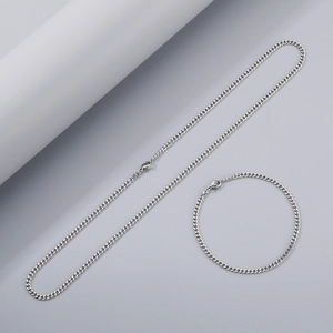 Detailed view of silver stainless steel Cuban link necklace and bracelet jewelry set