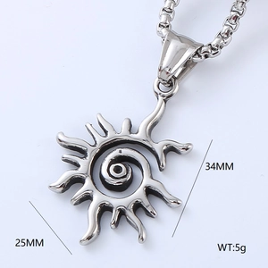 Detail of silver stainless steel cross pendant with sun spiral texture and 34mm dimensions
