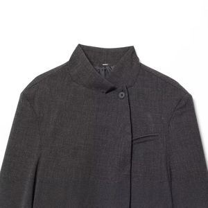 Chic dark gray stand-collar blazer in textured fabric with elegant minimalist design