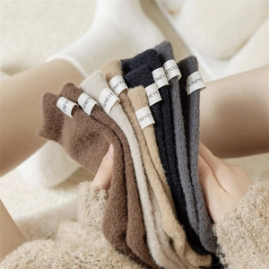 Close-up of thick winter thermal socks with soft wool texture and minimalist label