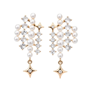 Eleganti orecchini pendenti dorati con perle e zirconi a forma di stella lucente