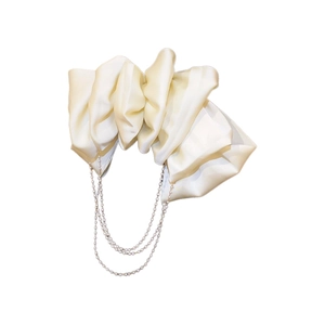 Elegant cream satin bow hair clip featuring luxury triple-layer pearl tassel pendants