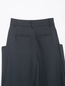 Detail of dark grey wide-leg trousers showing back waistband, belt loops and pockets