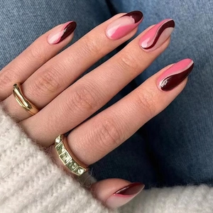 Almond Press On Nails Pink Coffee Abstract Wave Pattern French Style Artificial False Nail Tips For Women Elegant Luxury