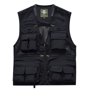 Gilet noir multi-poches pour homme avec tissu en maille et fermeture zippée