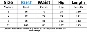 Detailed size chart for the sequin evening dress showing bust, waist and hip measurements