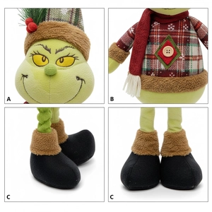Detailed views of Grinch plush toy featuring embroidered facial expressions and fabric texture