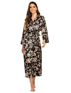 Detail of black floral satin robe with elegant kimono collar and matching waist tie
