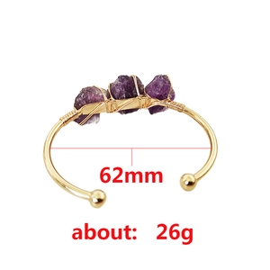 Handmade amethyst crystal raw stone gold wire wrapped open cuff bracelet for women
