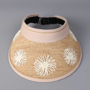 Macro view of woven straw visor with white daisy embroidery and adjustable strap