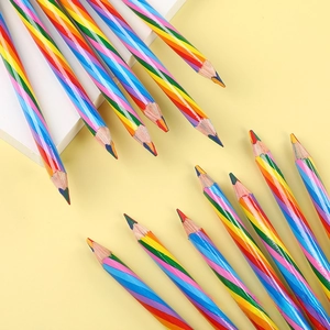 Macro view of multi-colored core rainbow pencils with vibrant diagonal striped wooden casing