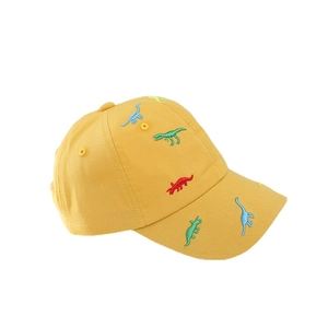 Yellow cotton kids baseball cap featuring colorful cartoon dinosaur embroidery on white background