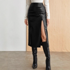 High-waisted black faux leather midi skirt with front slit and ruched detail